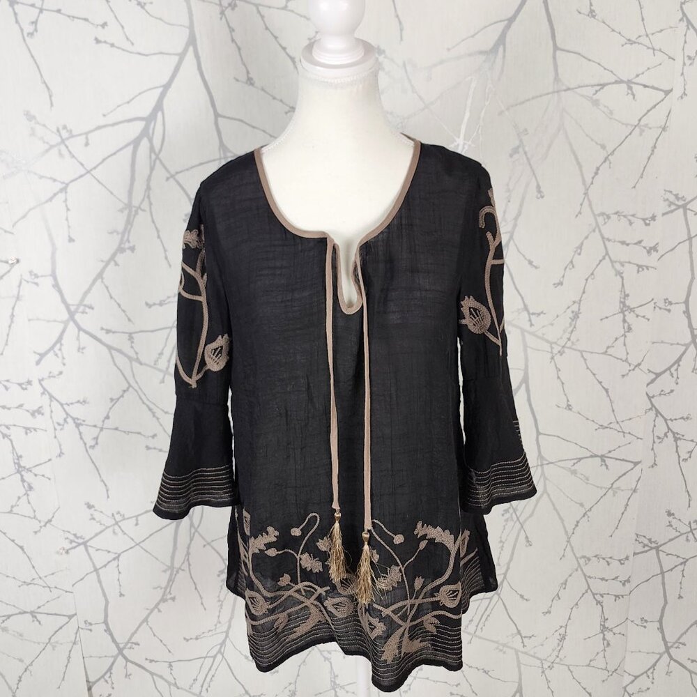Style & Co Floral Bohemian Embroidered Gauze Bell Sleeve Peasant Top